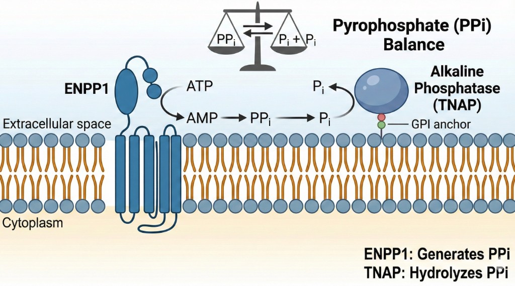 ENPP1 pathway diagram showing pyrophosphate balance between ENPP1 and TNAP at the cell membrane.