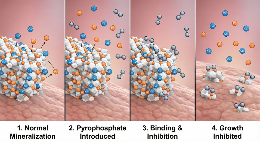 Mechanism of action: pyrophosphate binds to mineralized surfaces, inhibiting crystal growth.